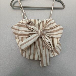 Striped Tie-Front Crop Top - Beige & White